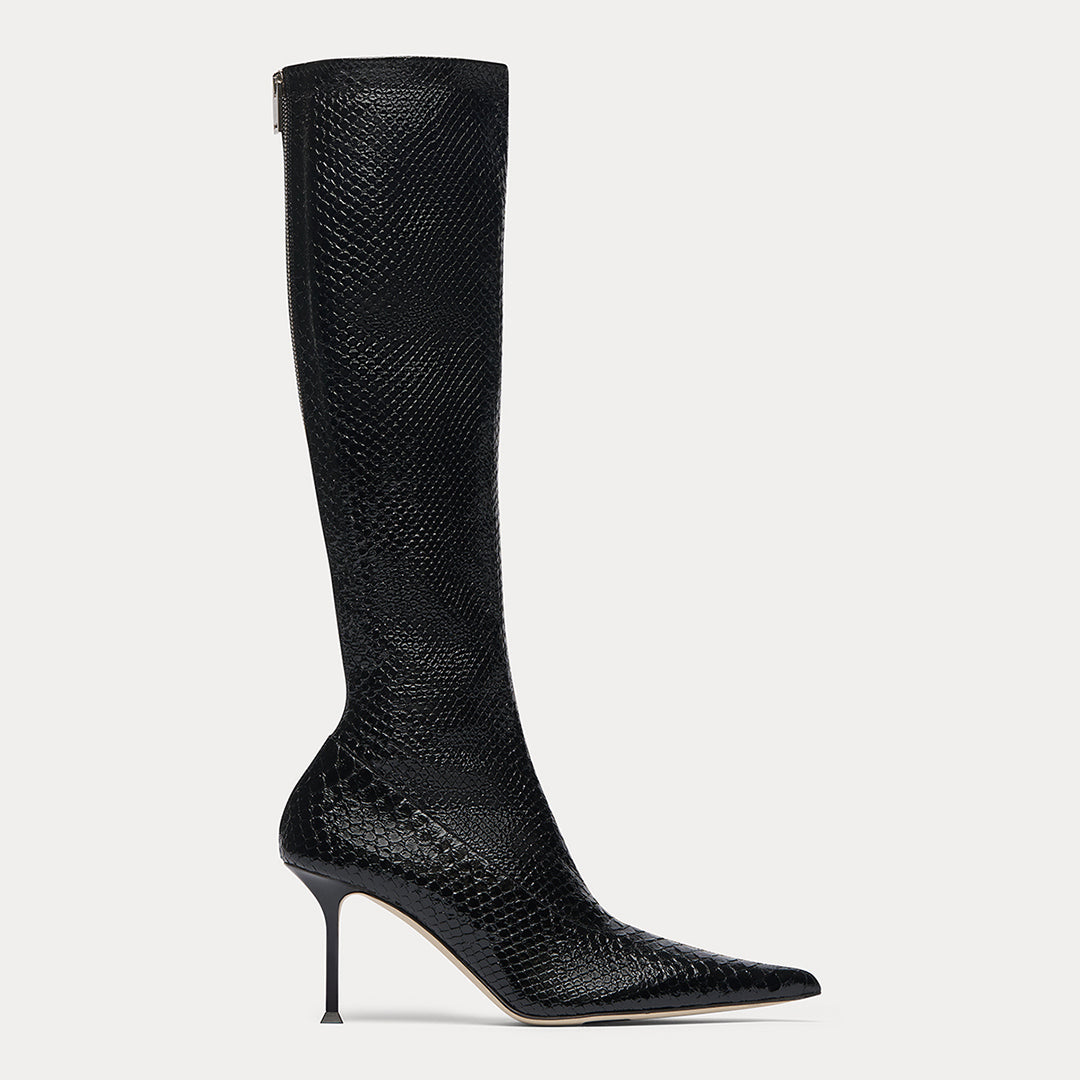 CHRISTEN HELIX STRETCH KNEE BOOT IN BLACK STRETCH PYTHON