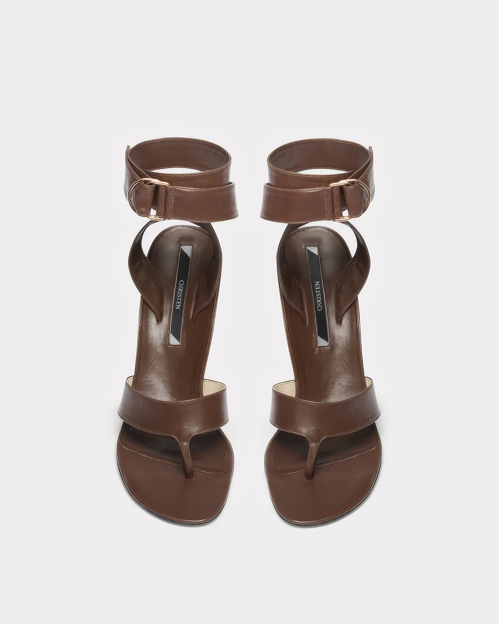 LACQUER BROWN VENEZIA LAMBSKIN STILETTO SANDAL BY CHRISTEN, MADE IN ITALY