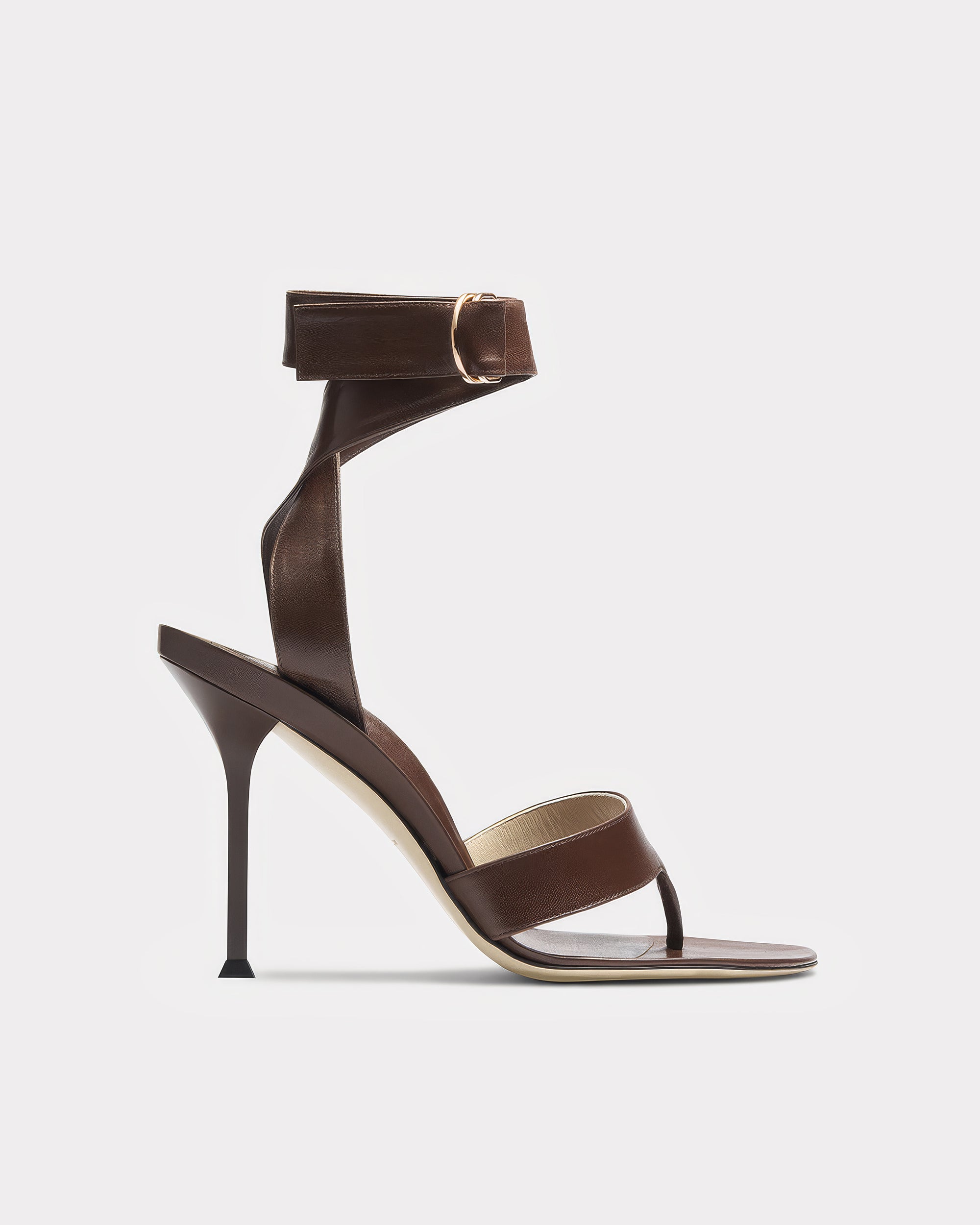HELIX ANKLE STRAP SANDAL IN LACQUER BROWN VENEZIA LAMBSKIN WITH CROSSED ANKLE STRAPS AND D-RINGS