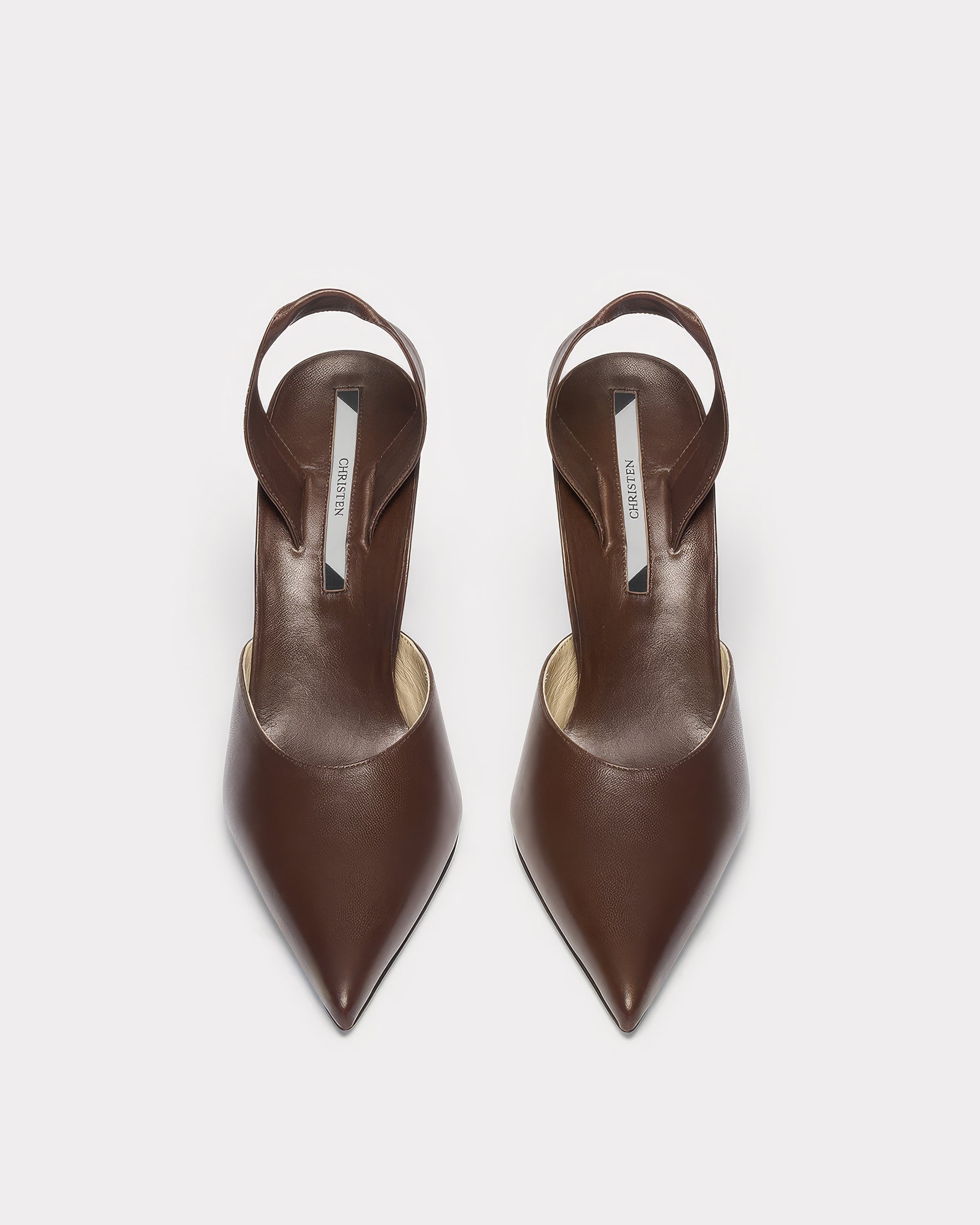 LACQUER BROWN VENEZIA LAMBSKIN STILETTO SLINGBACK PUMP BY CHRISTEN, MADE IN ITALY
