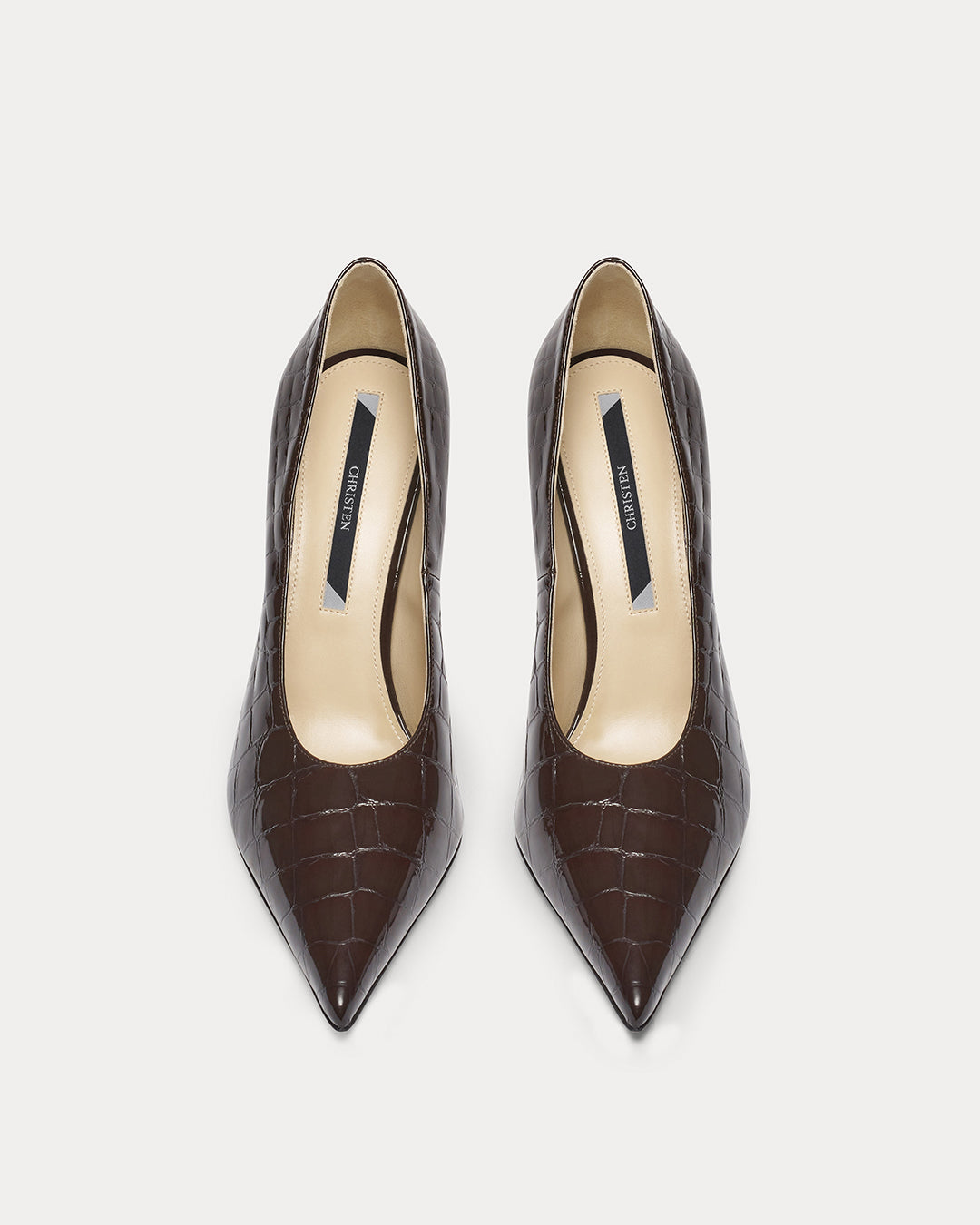 LACQUER BROWN CROCO-PRINT PATENT STILETTO PUMP BY CHRISTEN, MADE IN ITALY