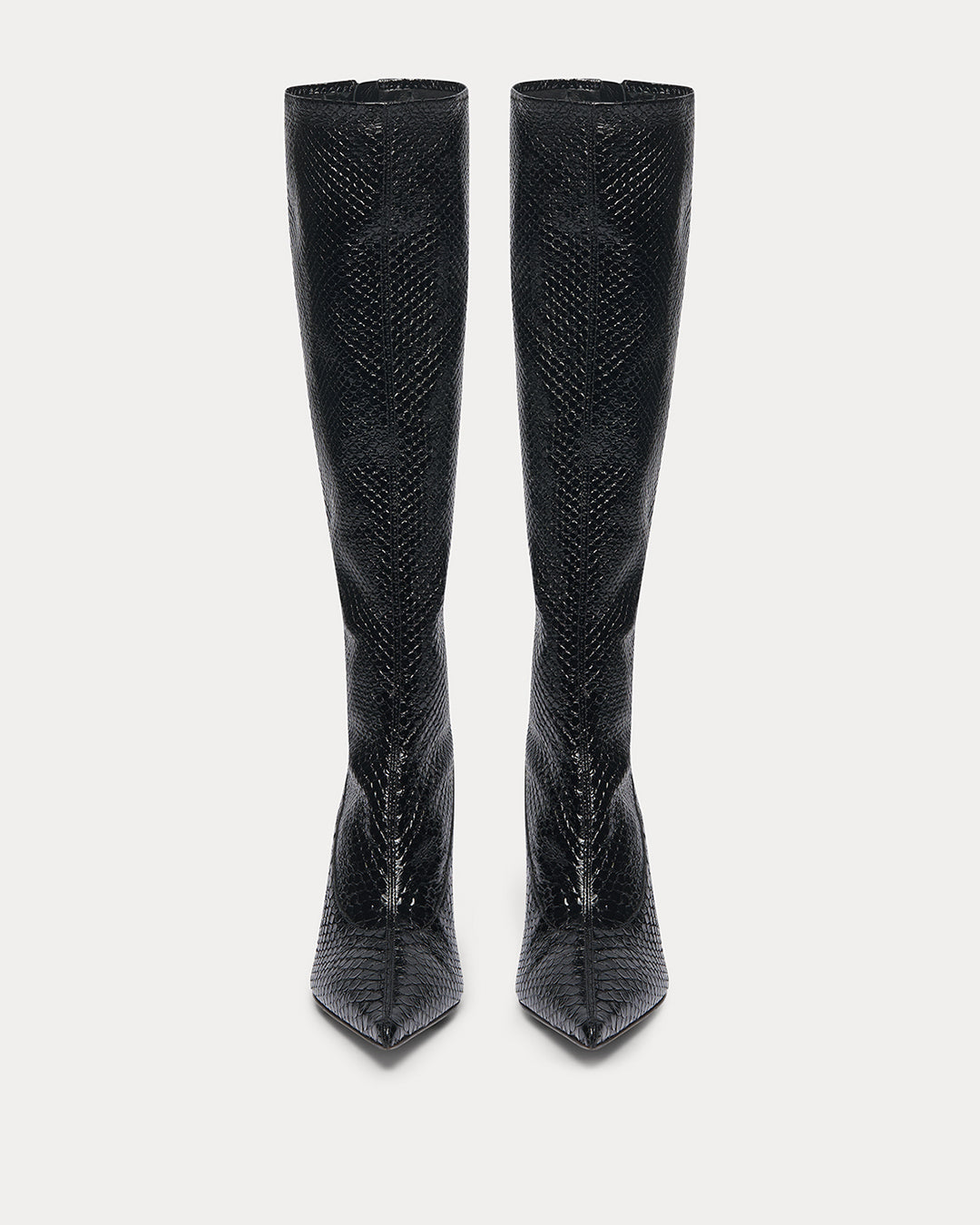 BLACK STRETCH PYTHON STILETTO KNEE BOOT BY CHRISTEN, MADE IN ITALY