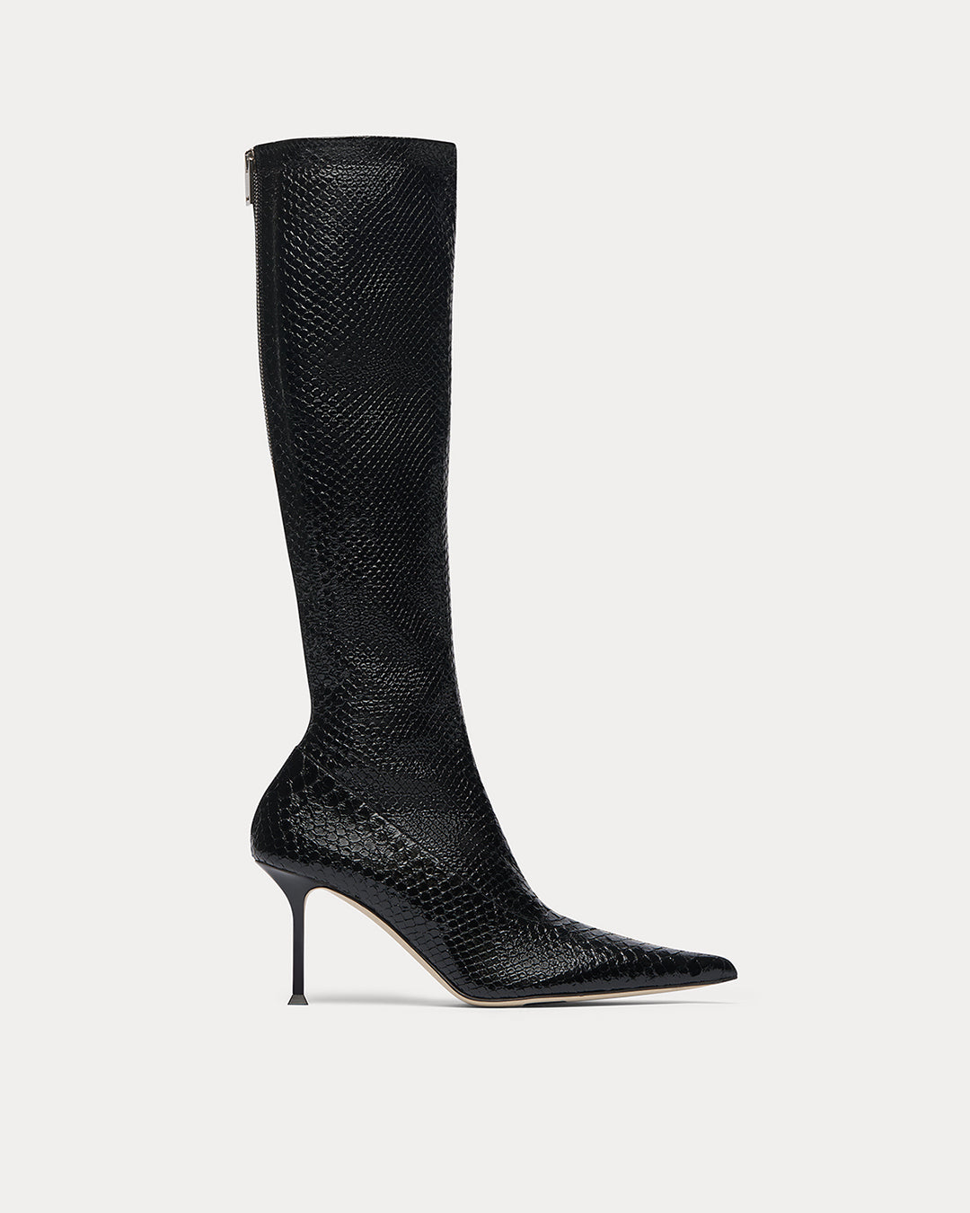 HELIX STRETCH KNEE BOOT IN BLACK STRETCH PYTHON WITH 75MM LACQUERED STACKED HEEL