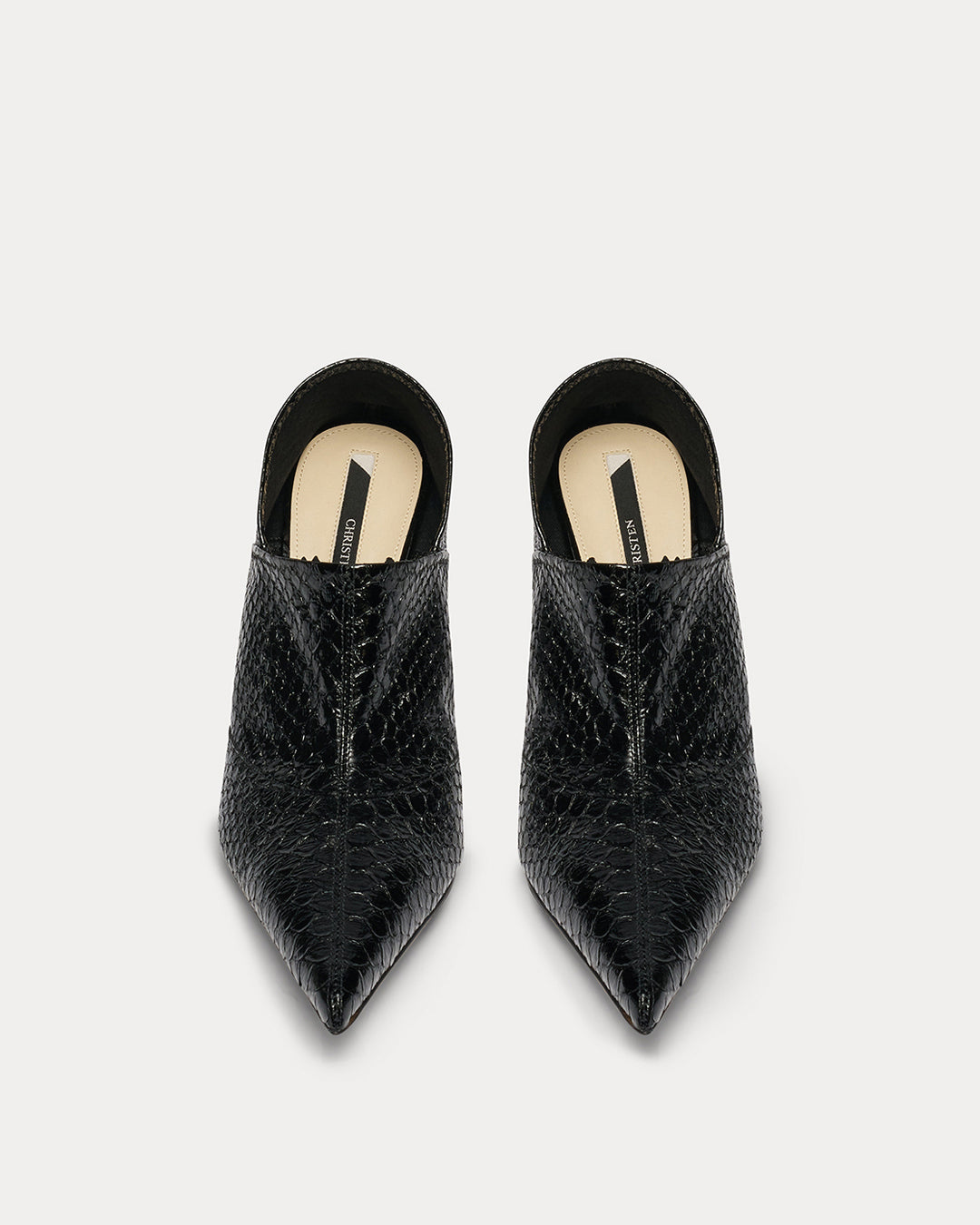 BLACK STRETCH PYTHON MID-HEEL STRETCH PUMP BY CHRISTEN, MADE IN ITALY